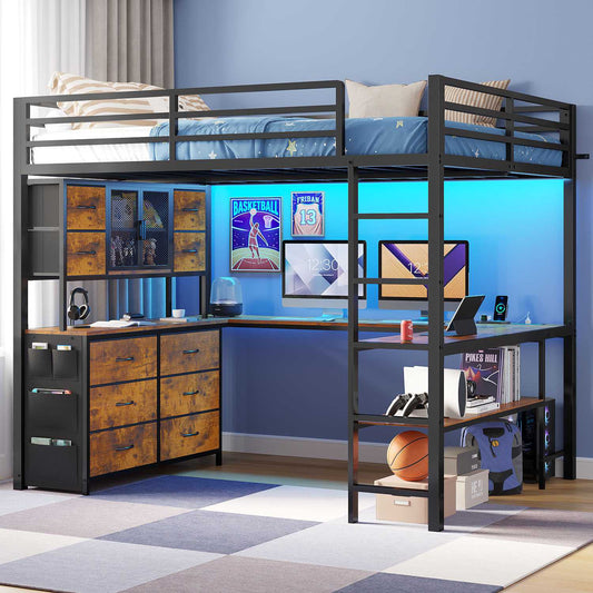 ADORNEVE Loft Bed Full Size with U-Shaped Desk and 10 Storage Drawers LED Metal Loft Bed with Cabinet 2 Shelves and Power Outlet Safety Guardrail