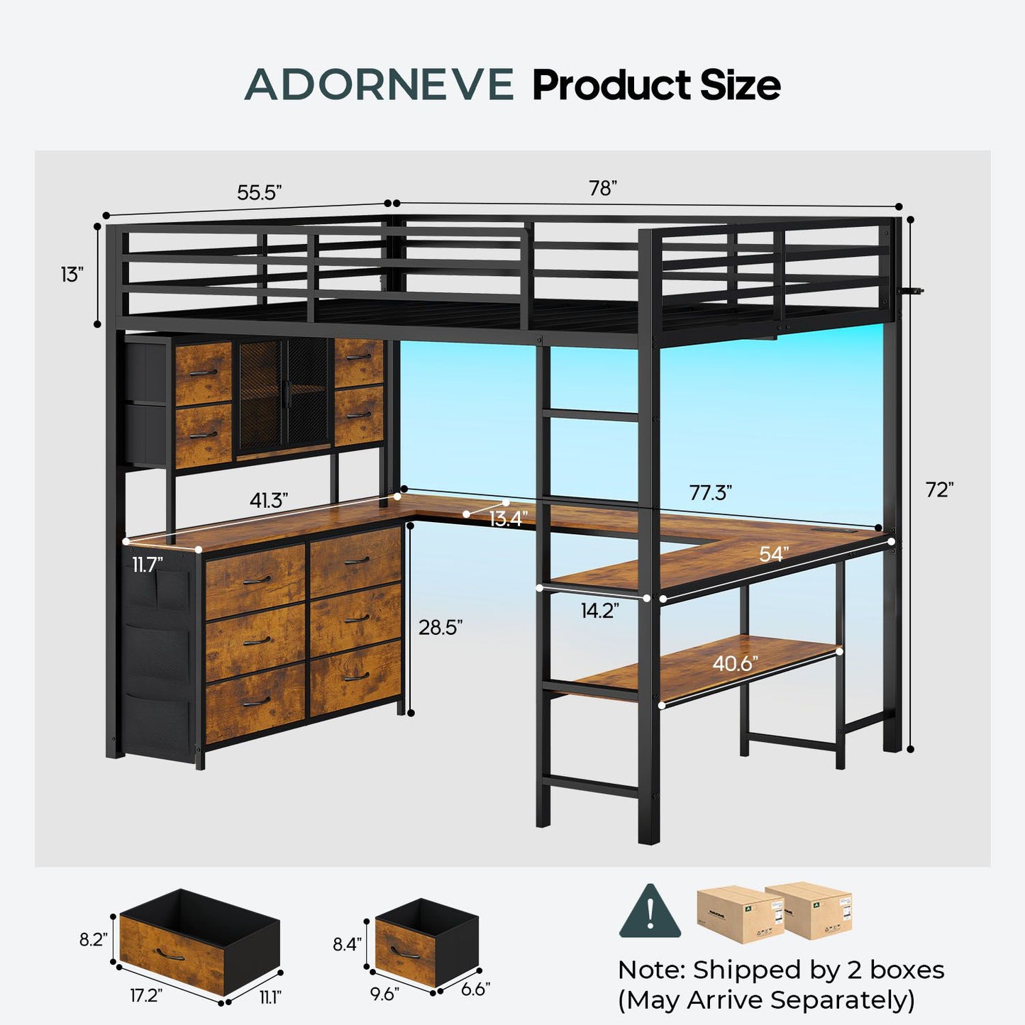 ADORNEVE Loft Bed Full Size with U-Shaped Desk and 10 Storage Drawers LED Metal Loft Bed with Cabinet 2 Shelves and Power Outlet Safety Guardrail