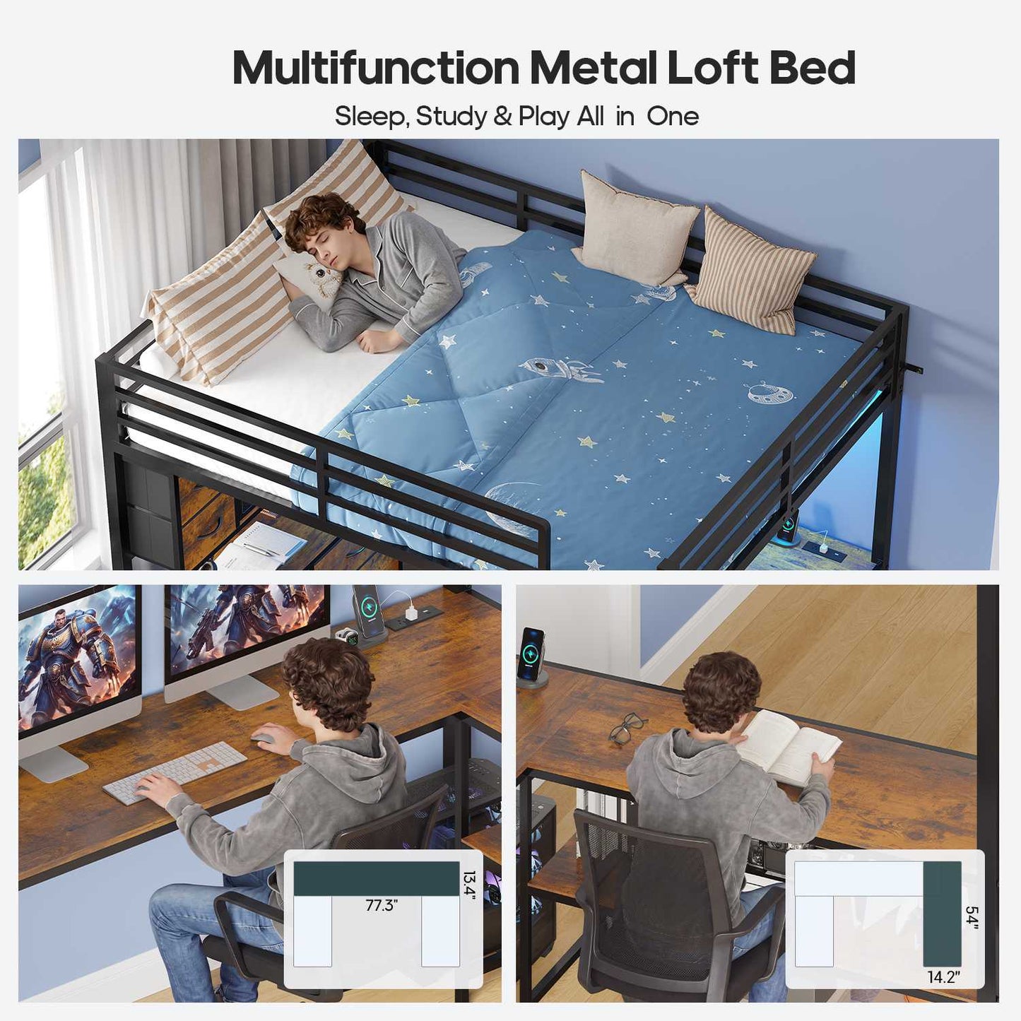 ADORNEVE Loft Bed Full Size with U-Shaped Desk and 10 Storage Drawers LED Metal Loft Bed with Cabinet 2 Shelves and Power Outlet Safety Guardrail