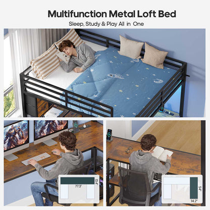 ADORNEVE Loft Bed Full Size with U-Shaped Desk and 10 Storage Drawers LED Metal Loft Bed with Cabinet 2 Shelves and Power Outlet Safety Guardrail