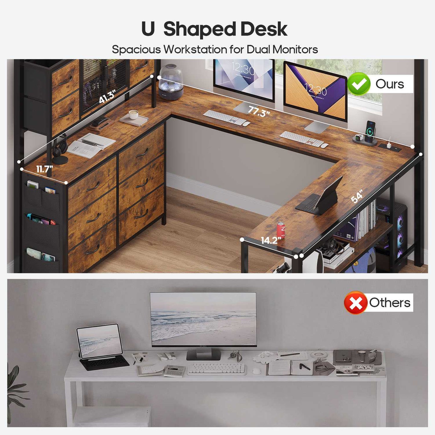 ADORNEVE Loft Bed Full Size with U-Shaped Desk and 10 Storage Drawers LED Metal Loft Bed with Cabinet 2 Shelves and Power Outlet Safety Guardrail