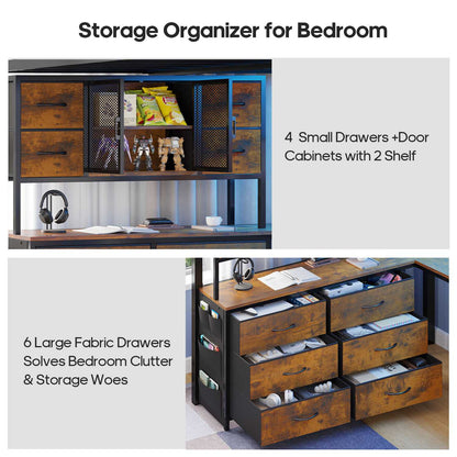 ADORNEVE Loft Bed Full Size with U-Shaped Desk and 10 Storage Drawers LED Metal Loft Bed with Cabinet 2 Shelves and Power Outlet Safety Guardrail