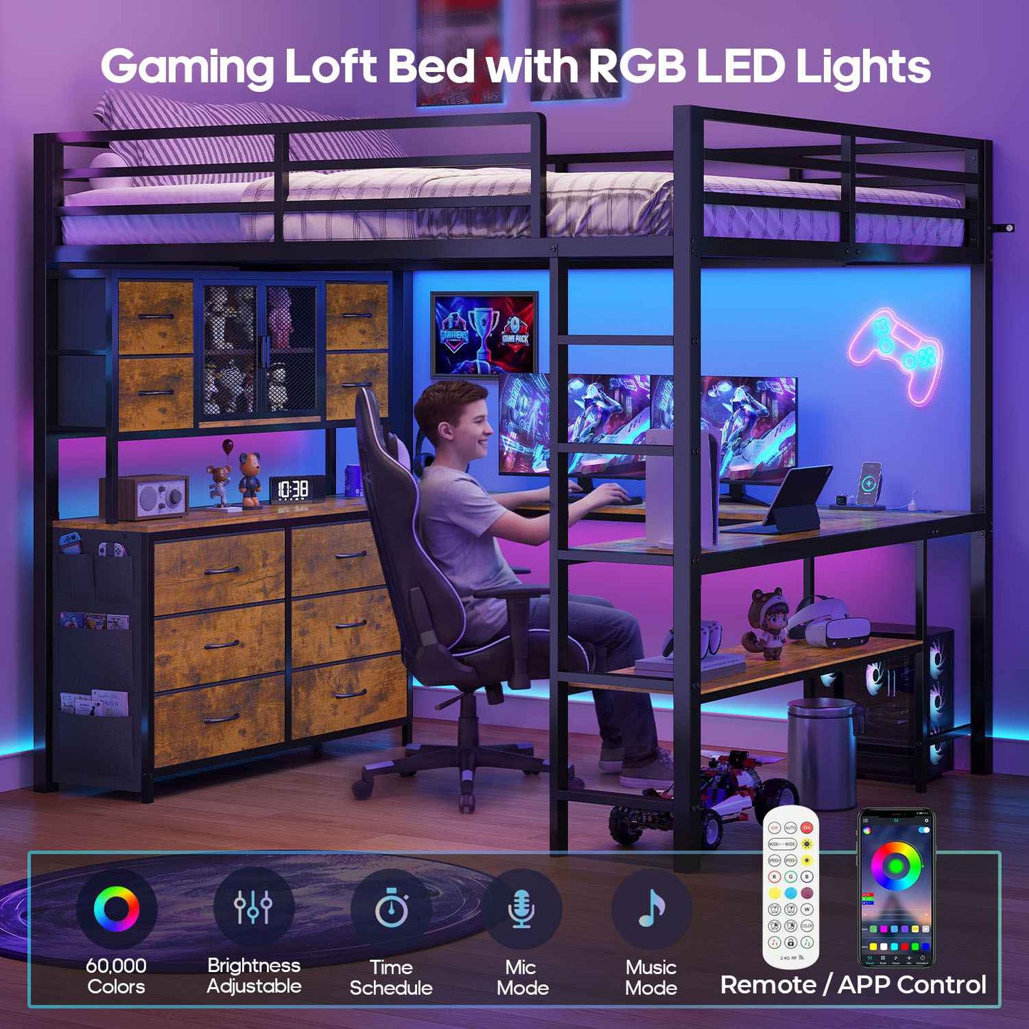 ADORNEVE Loft Bed Full Size with U-Shaped Desk and 10 Storage Drawers LED Metal Loft Bed with Cabinet 2 Shelves and Power Outlet Safety Guardrail