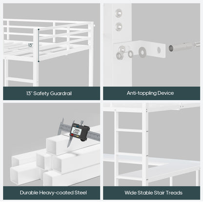 ADORNEVE Loft Bed Full Size with U-Shaped Desk and 10 Storage Drawers LED Metal Loft Bed with Cabinet 2 Shelves and Power Outlet Safety Guardrail