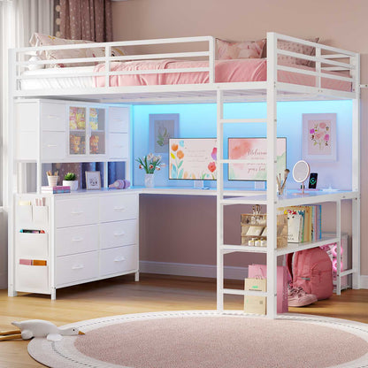 ADORNEVE Loft Bed Full Size with U-Shaped Desk and 10 Storage Drawers LED Metal Loft Bed with Cabinet 2 Shelves and Power Outlet Safety Guardrail