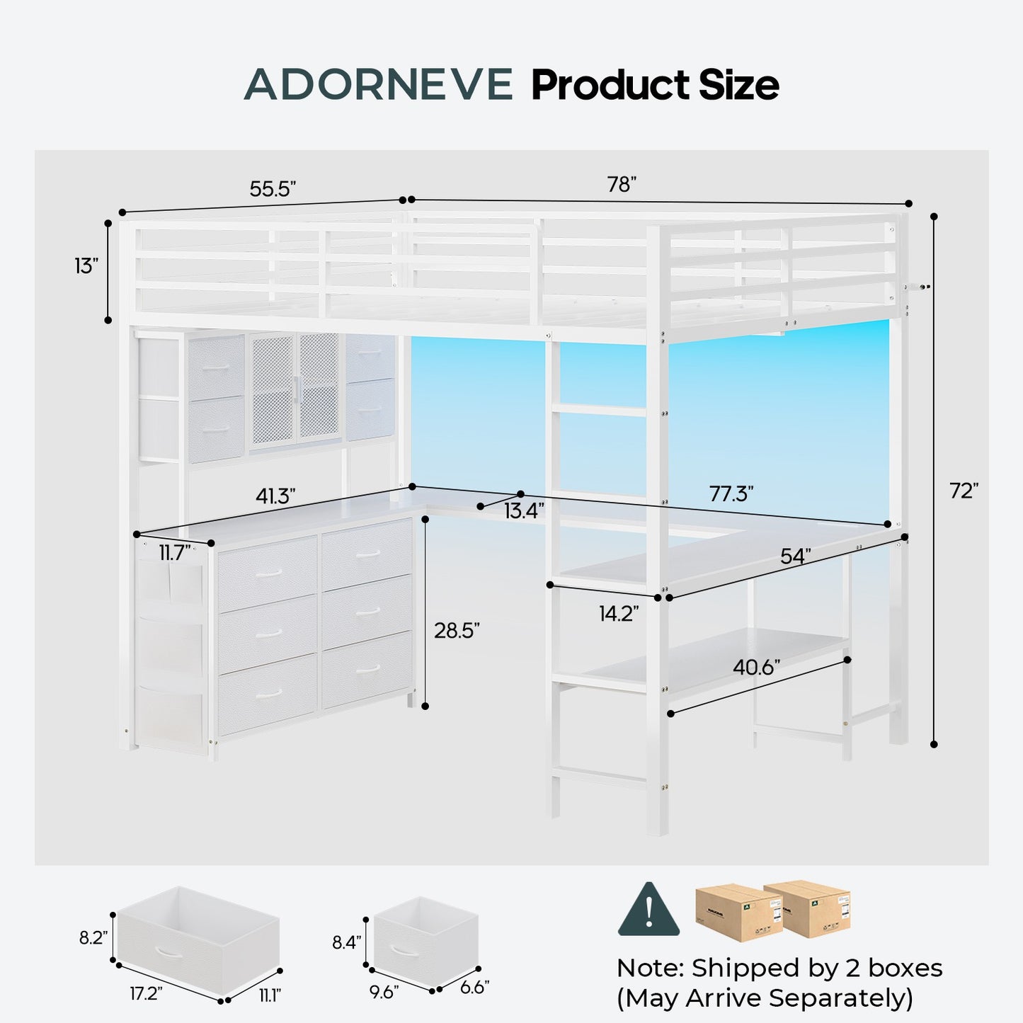 ADORNEVE Loft Bed Full Size with U-Shaped Desk and 10 Storage Drawers LED Metal Loft Bed with Cabinet 2 Shelves and Power Outlet Safety Guardrail