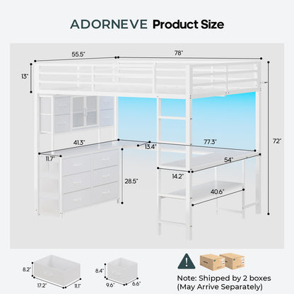 ADORNEVE Loft Bed Full Size with U-Shaped Desk and 10 Storage Drawers LED Metal Loft Bed with Cabinet 2 Shelves and Power Outlet Safety Guardrail