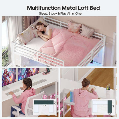 ADORNEVE Loft Bed Full Size with U-Shaped Desk and 10 Storage Drawers LED Metal Loft Bed with Cabinet 2 Shelves and Power Outlet Safety Guardrail
