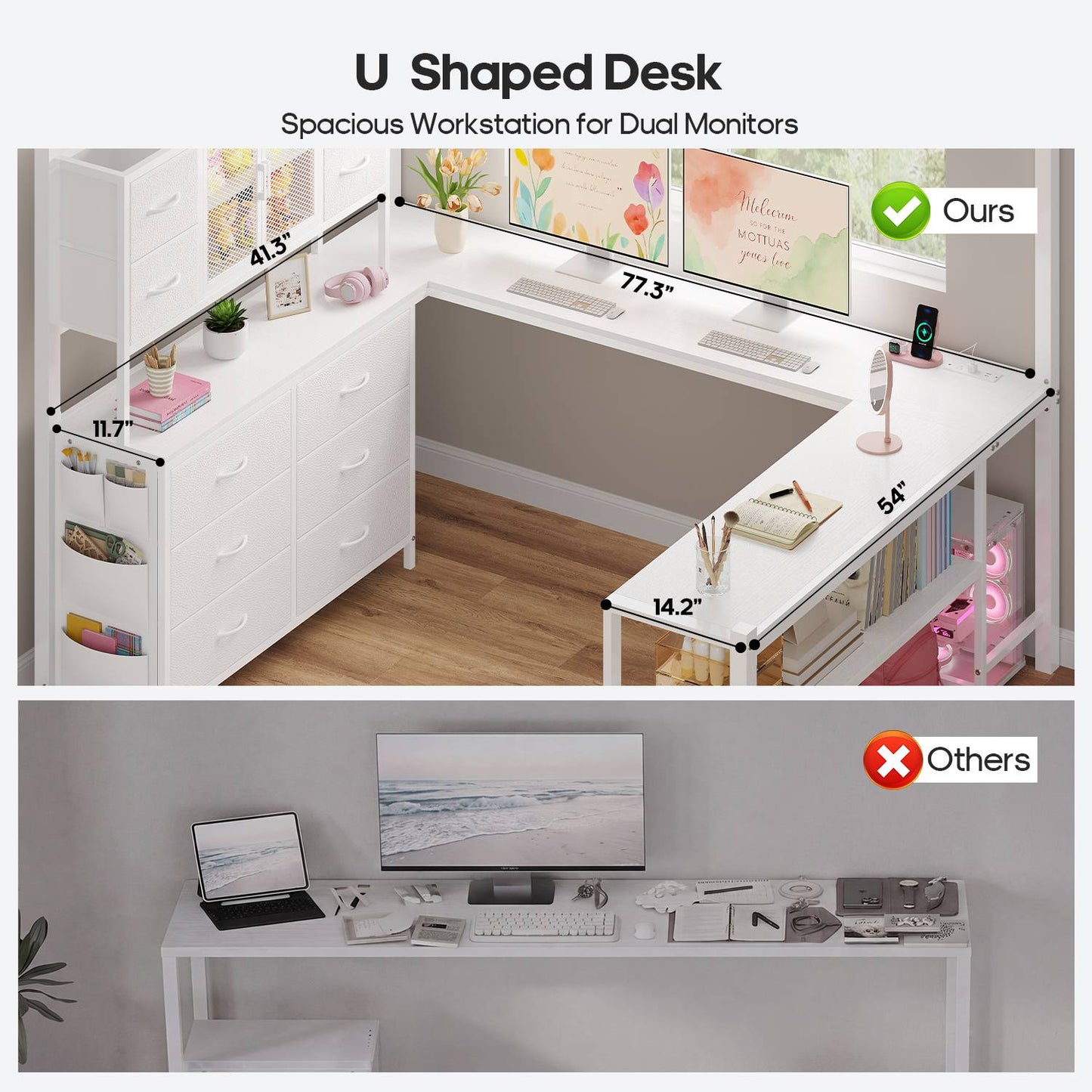 ADORNEVE Loft Bed Full Size with U-Shaped Desk and 10 Storage Drawers LED Metal Loft Bed with Cabinet 2 Shelves and Power Outlet Safety Guardrail