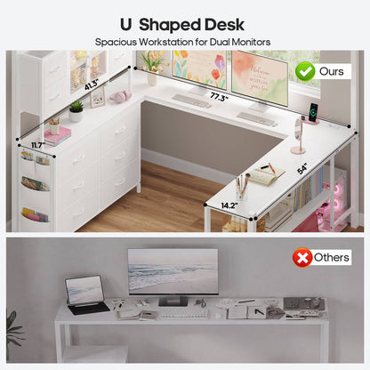 ADORNEVE Loft Bed Full Size with U-Shaped Desk and 10 Storage Drawers LED Metal Loft Bed with Cabinet 2 Shelves and Power Outlet Safety Guardrail