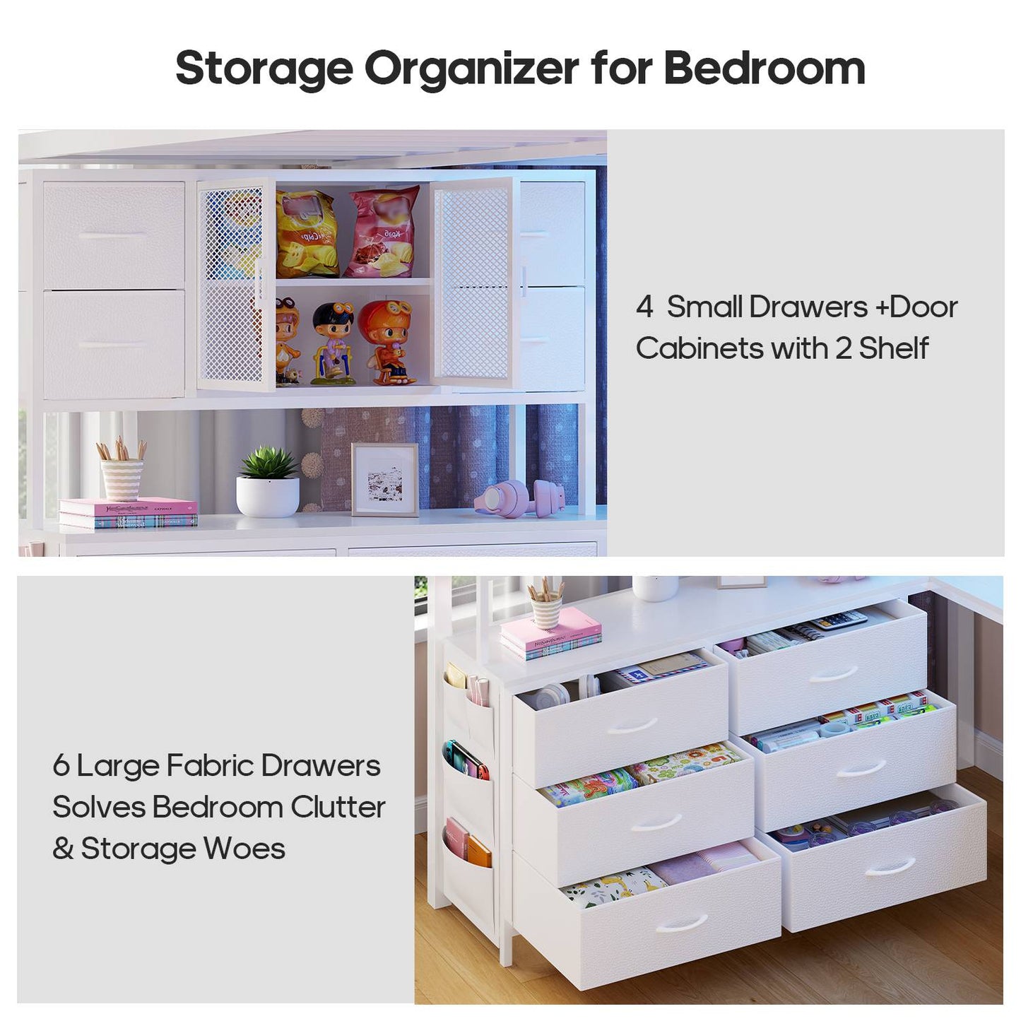 ADORNEVE Loft Bed Full Size with U-Shaped Desk and 10 Storage Drawers LED Metal Loft Bed with Cabinet 2 Shelves and Power Outlet Safety Guardrail