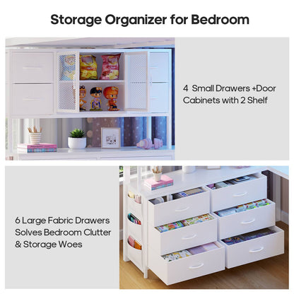 ADORNEVE Loft Bed Full Size with U-Shaped Desk and 10 Storage Drawers LED Metal Loft Bed with Cabinet 2 Shelves and Power Outlet Safety Guardrail