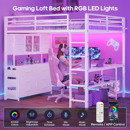 ADORNEVE Loft Bed Full Size with U-Shaped Desk and 10 Storage Drawers LED Metal Loft Bed with Cabinet 2 Shelves and Power Outlet Safety Guardrail