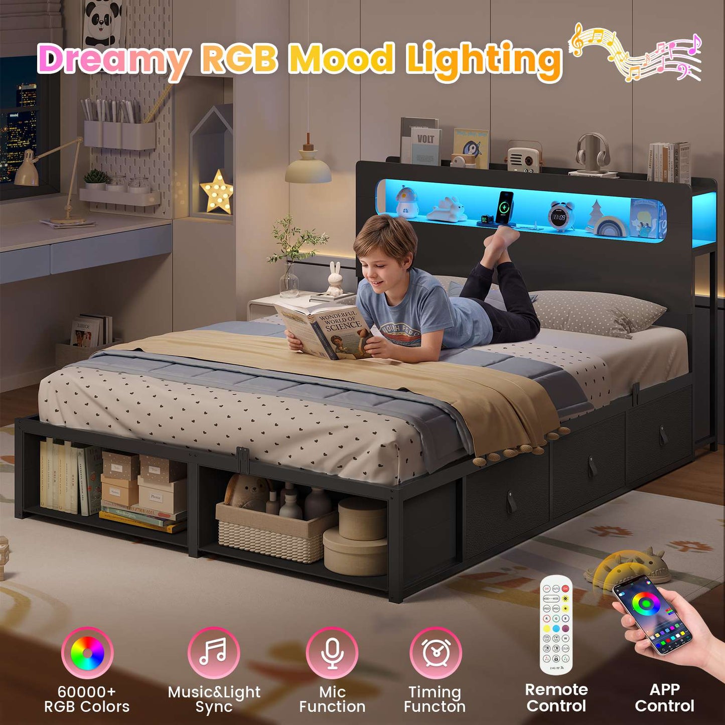 ADORNEVE Bed Frame Full Size with 6 Storage Drawers and RGB Headboard Kids Bed with Power Outlets and 2 Footboard Cubbies