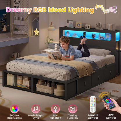 ADORNEVE Bed Frame Full Size with 6 Storage Drawers and RGB Headboard Kids Bed with Power Outlets and 2 Footboard Cubbies