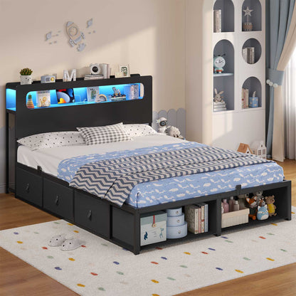 ADORNEVE Bed Frame Full Size with 6 Storage Drawers and RGB Headboard Kids Bed with Power Outlets and 2 Footboard Cubbies