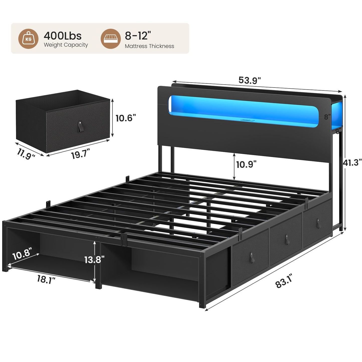 ADORNEVE Bed Frame Full Size with 6 Storage Drawers and RGB Headboard Kids Bed with Power Outlets and 2 Footboard Cubbies