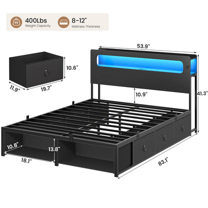 ADORNEVE Bed Frame Full Size with 6 Storage Drawers and RGB Headboard Kids Bed with Power Outlets and 2 Footboard Cubbies