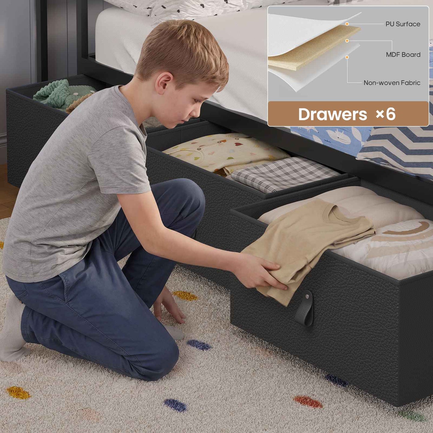 ADORNEVE Bed Frame Full Size with 6 Storage Drawers and RGB Headboard Kids Bed with Power Outlets and 2 Footboard Cubbies