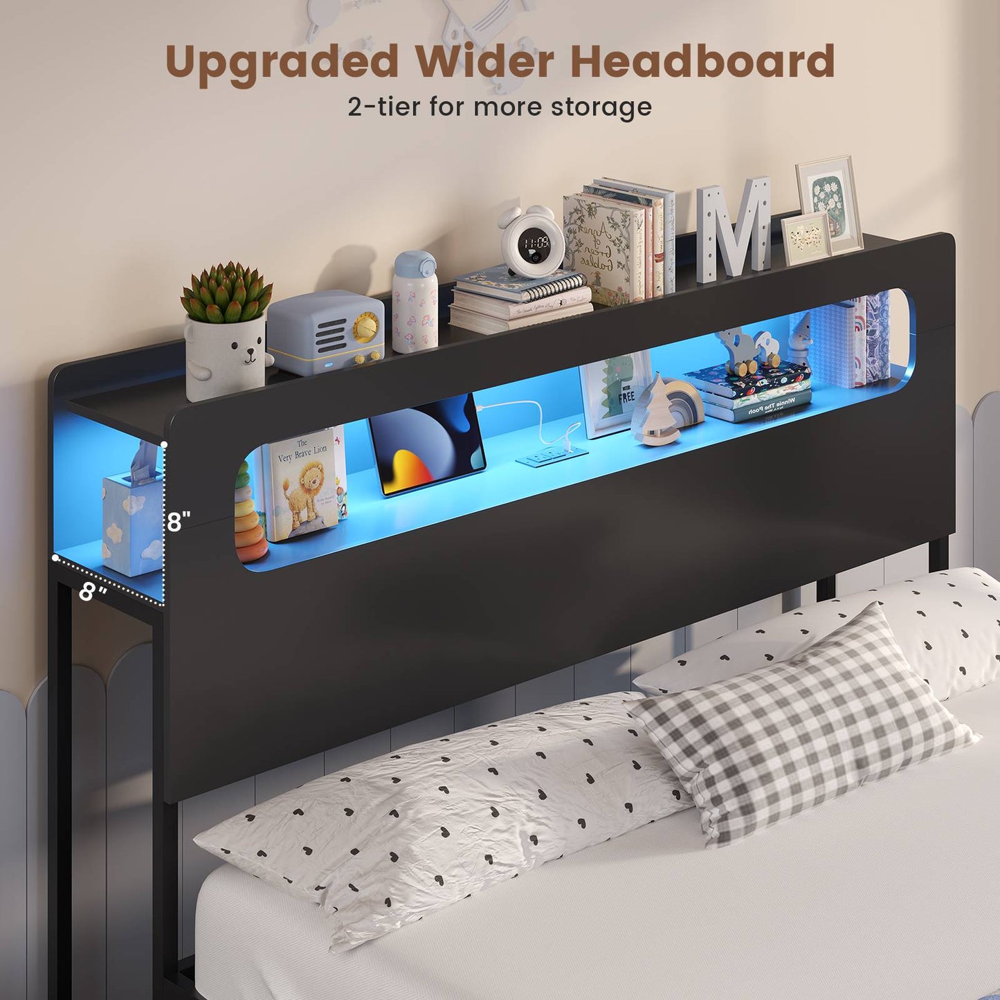 ADORNEVE Bed Frame Full Size with 6 Storage Drawers and RGB Headboard Kids Bed with Power Outlets and 2 Footboard Cubbies