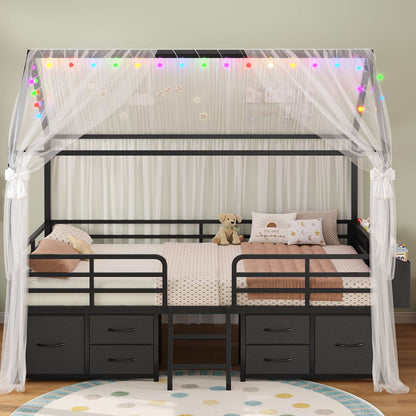 ADORNEVE Full Bed Frame with 6 Drawers and Safety Guardrail Metal House Bed with Inclined Ladder