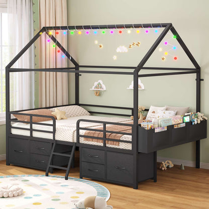 ADORNEVE Full Bed Frame with 6 Drawers and Safety Guardrail Metal House Bed with Inclined Ladder