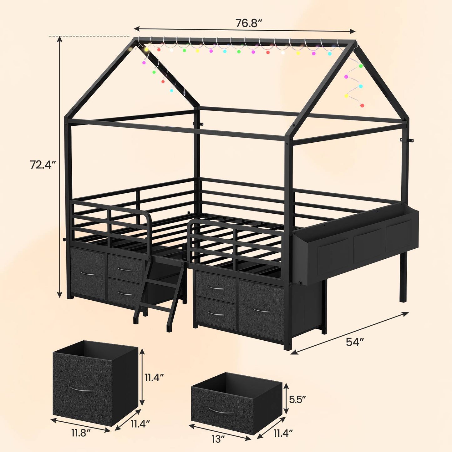 ADORNEVE Full Bed Frame with 6 Drawers and Safety Guardrail Metal House Bed with Inclined Ladder