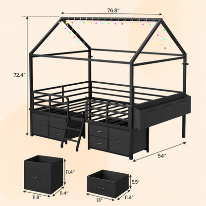 ADORNEVE Full Bed Frame with 6 Drawers and Safety Guardrail Metal House Bed with Inclined Ladder