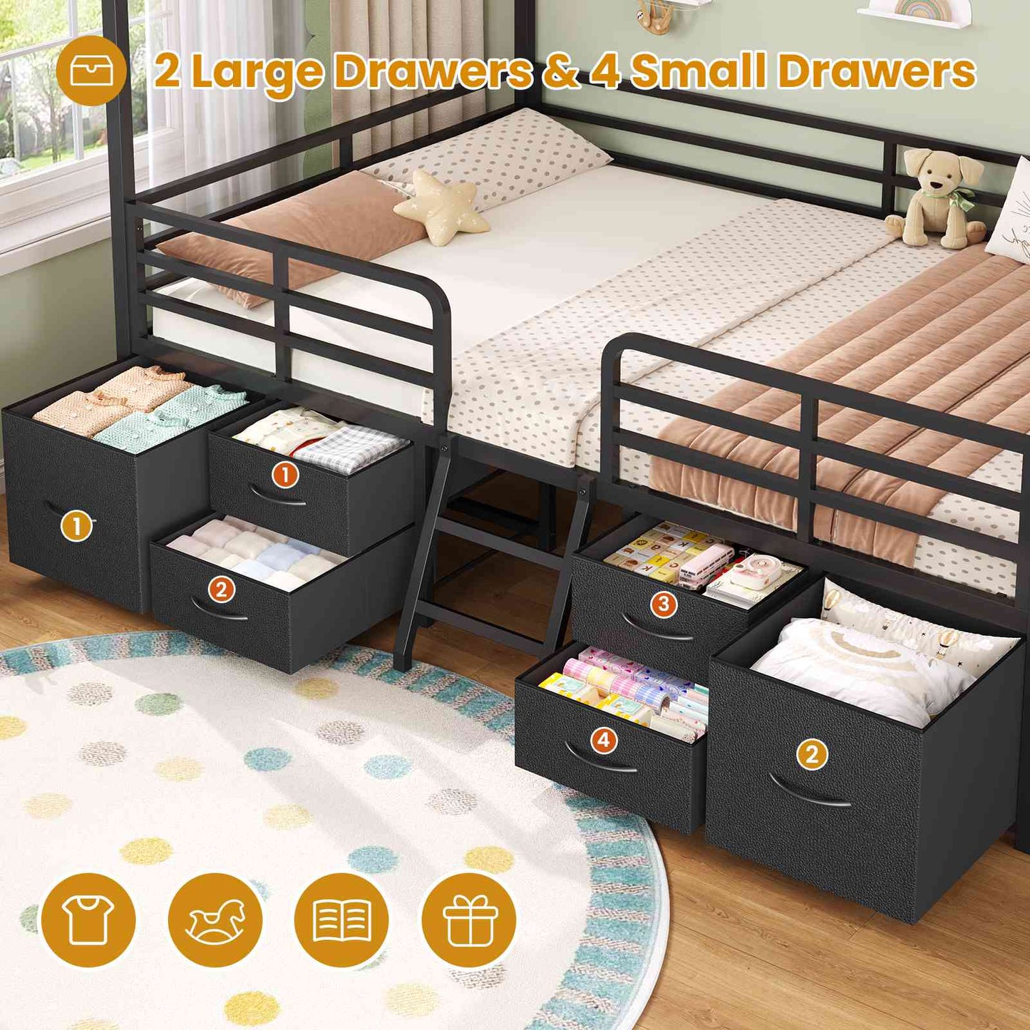 ADORNEVE Full Bed Frame with 6 Drawers and Safety Guardrail Metal House Bed with Inclined Ladder
