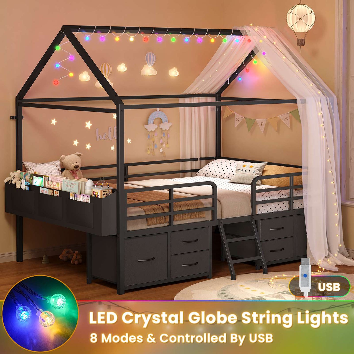 ADORNEVE Full Bed Frame with 6 Drawers and Safety Guardrail Metal House Bed with Inclined Ladder