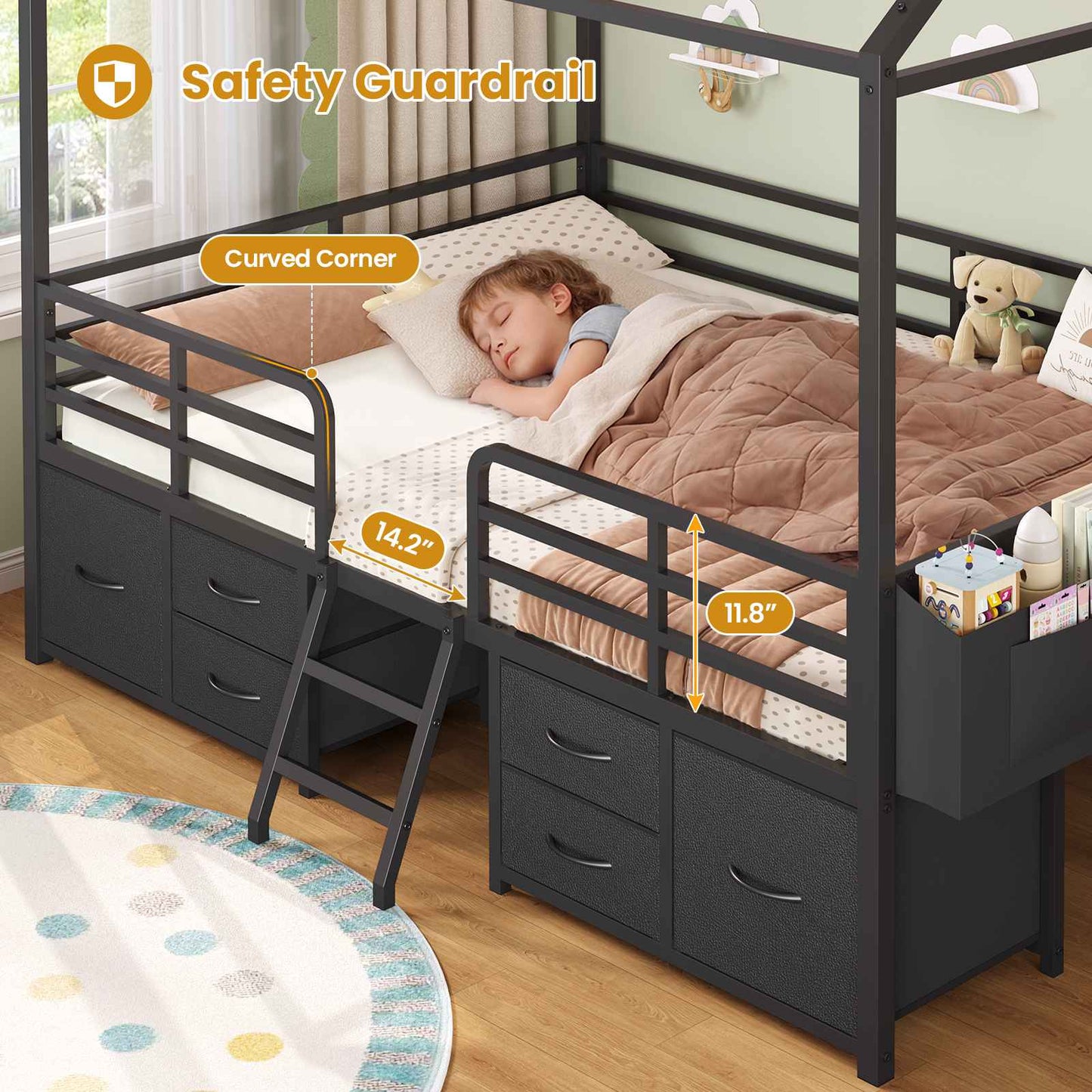 ADORNEVE Full Bed Frame with 6 Drawers and Safety Guardrail Metal House Bed with Inclined Ladder