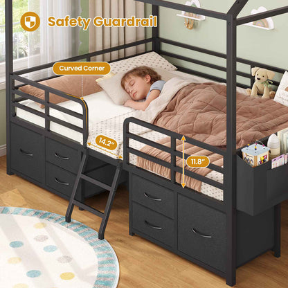 ADORNEVE Full Bed Frame with 6 Drawers and Safety Guardrail Metal House Bed with Inclined Ladder
