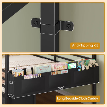 ADORNEVE Full Bed Frame with 6 Drawers and Safety Guardrail Metal House Bed with Inclined Ladder