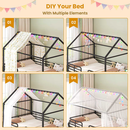 ADORNEVE Full Bed Frame with 6 Drawers and Safety Guardrail Metal House Bed with Inclined Ladder