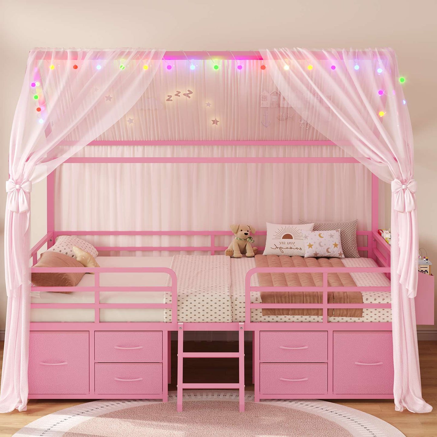 ADORNEVE Full Bed Frame with 6 Drawers and Safety Guardrail Metal House Bed with Inclined Ladder