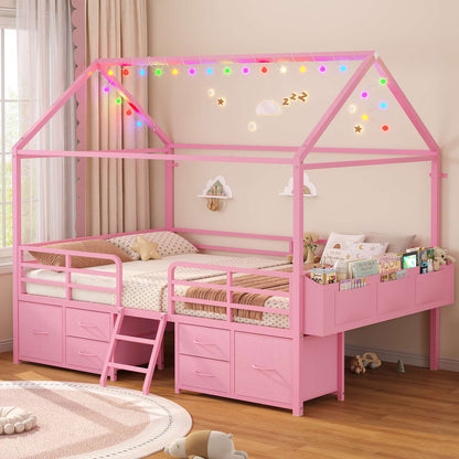 ADORNEVE Full Bed Frame with 6 Drawers and Safety Guardrail Metal House Bed with Inclined Ladder