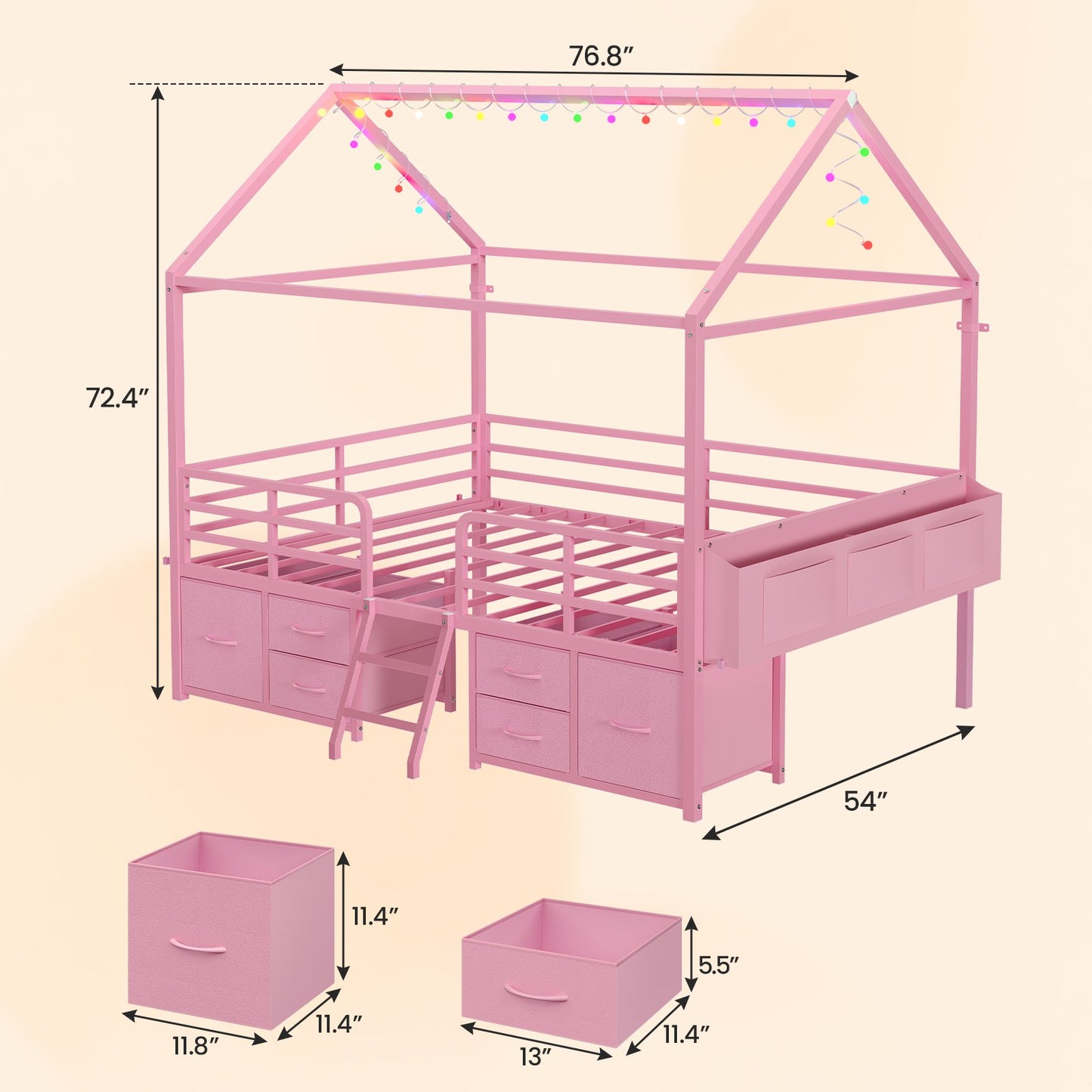 ADORNEVE Full Bed Frame with 6 Drawers and Safety Guardrail Metal House Bed with Inclined Ladder
