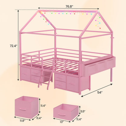 ADORNEVE Full Bed Frame with 6 Drawers and Safety Guardrail Metal House Bed with Inclined Ladder