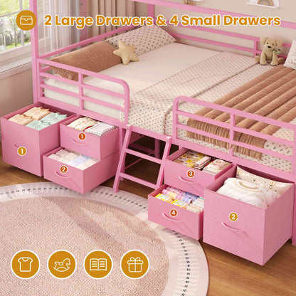 ADORNEVE Full Bed Frame with 6 Drawers and Safety Guardrail Metal House Bed with Inclined Ladder