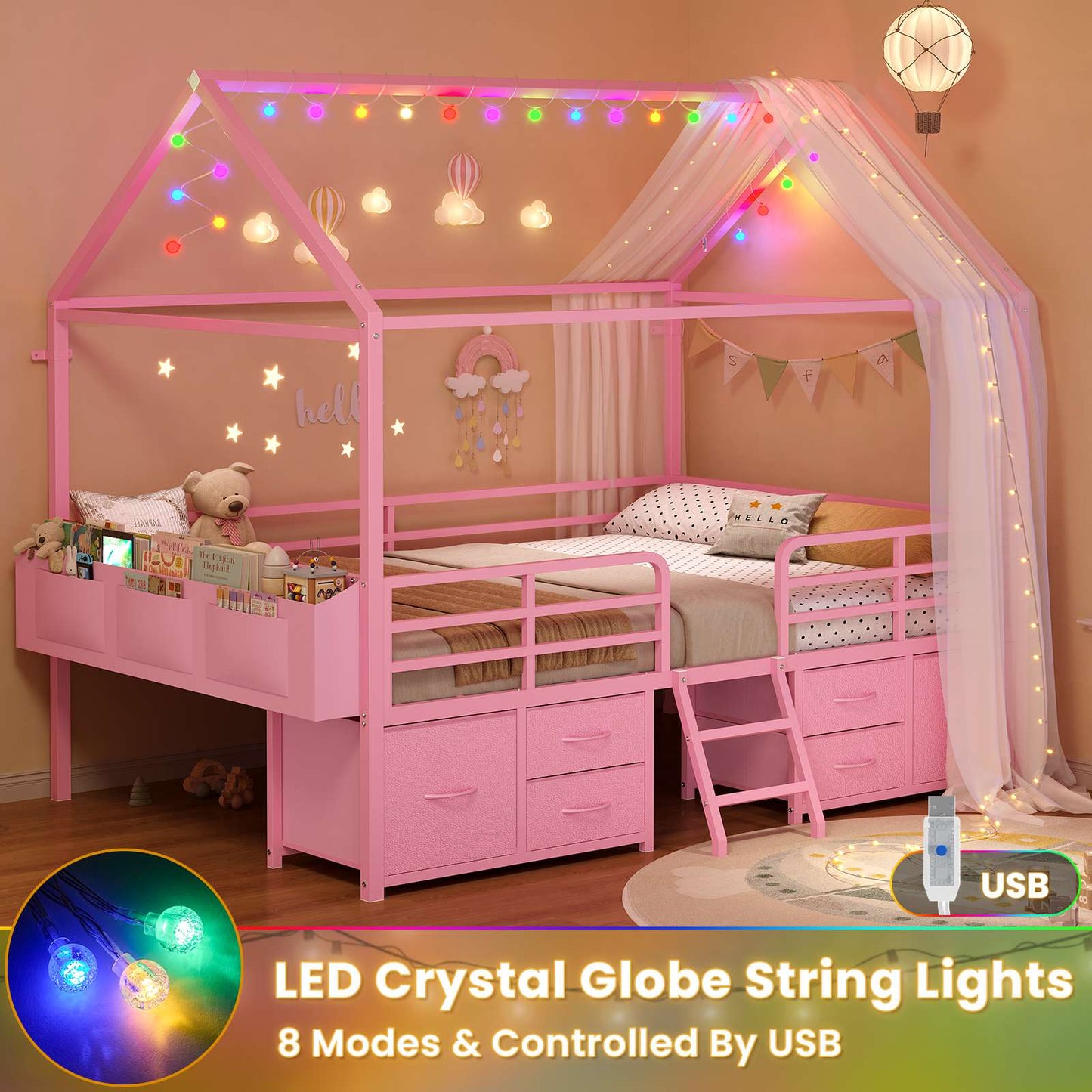 ADORNEVE Full Bed Frame with 6 Drawers and Safety Guardrail Metal House Bed with Inclined Ladder
