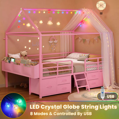 ADORNEVE Full Bed Frame with 6 Drawers and Safety Guardrail Metal House Bed with Inclined Ladder