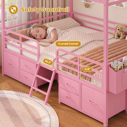 ADORNEVE Full Bed Frame with 6 Drawers and Safety Guardrail Metal House Bed with Inclined Ladder