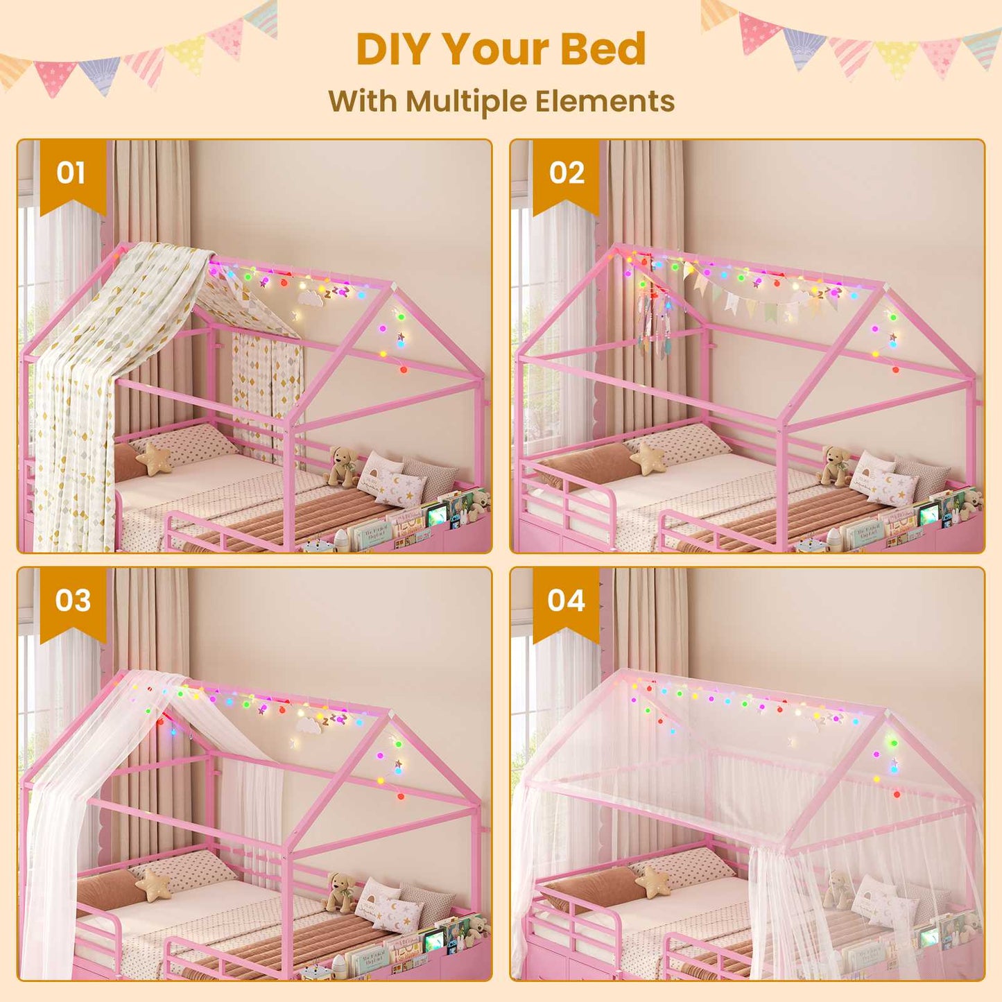 ADORNEVE Full Bed Frame with 6 Drawers and Safety Guardrail Metal House Bed with Inclined Ladder
