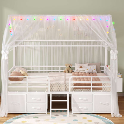 ADORNEVE Full Bed Frame with 6 Drawers and Safety Guardrail Metal House Bed with Inclined Ladder