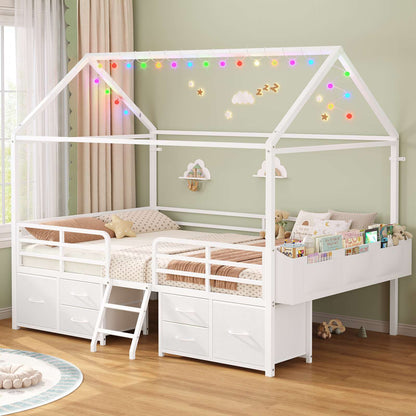 ADORNEVE Full Bed Frame with 6 Drawers and Safety Guardrail Metal House Bed with Inclined Ladder