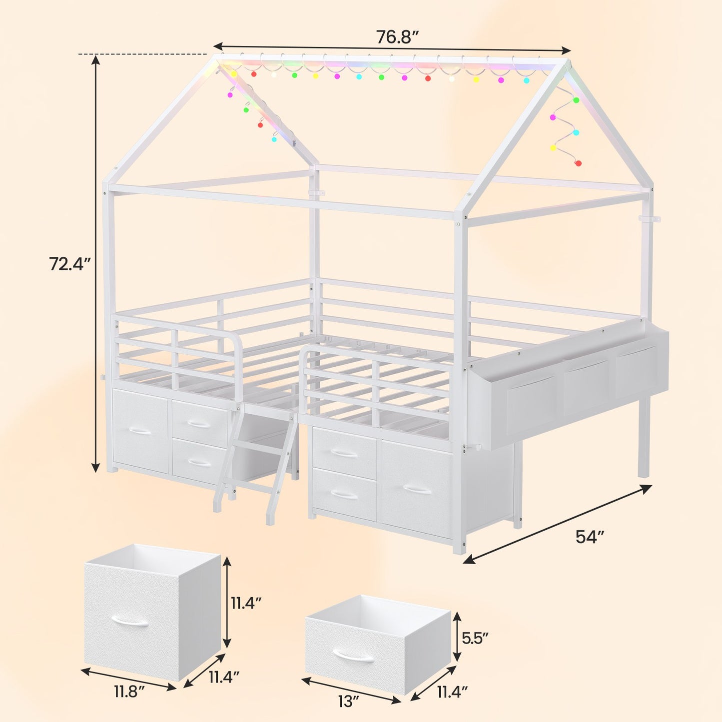 ADORNEVE Full Bed Frame with 6 Drawers and Safety Guardrail Metal House Bed with Inclined Ladder