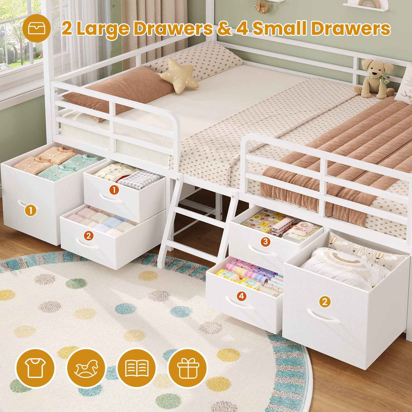 ADORNEVE Full Bed Frame with 6 Drawers and Safety Guardrail Metal House Bed with Inclined Ladder