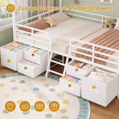 ADORNEVE Full Bed Frame with 6 Drawers and Safety Guardrail Metal House Bed with Inclined Ladder