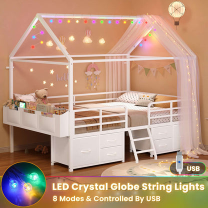 ADORNEVE Full Bed Frame with 6 Drawers and Safety Guardrail Metal House Bed with Inclined Ladder