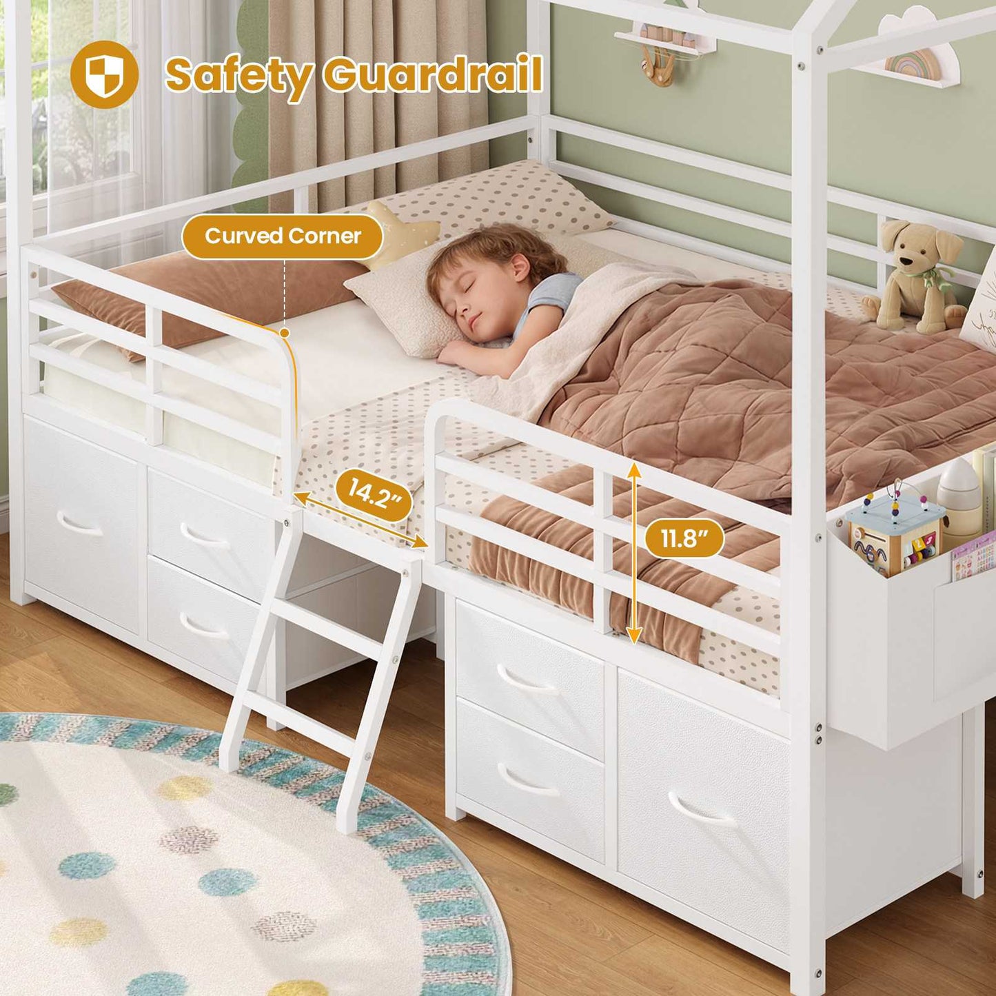 ADORNEVE Full Bed Frame with 6 Drawers and Safety Guardrail Metal House Bed with Inclined Ladder